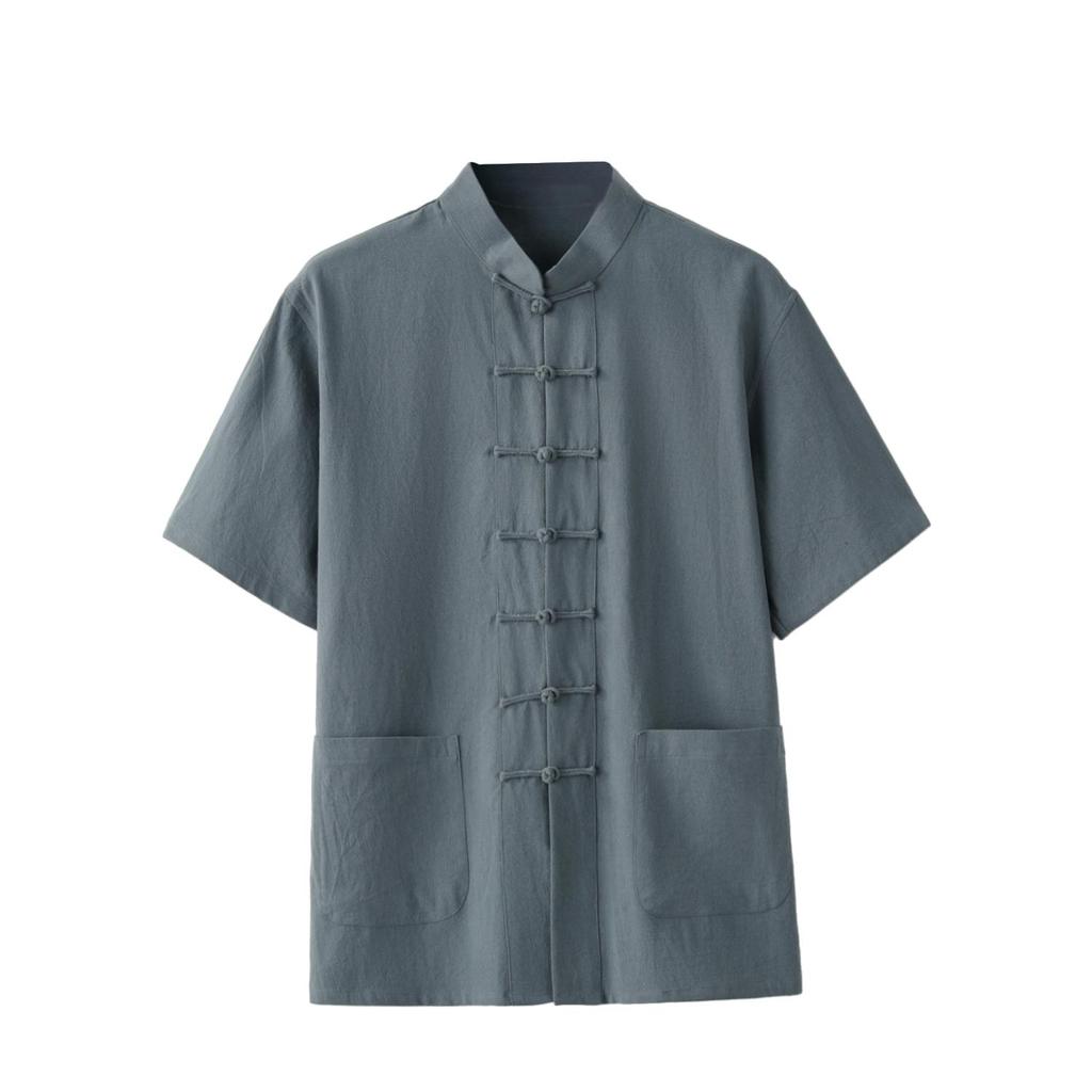 Tang Suit Men's Short-sleeved Cotton and Linen Vintage Tai Chi Shirt Summer Zen Meditation Lay Practitioner Clothing Father's Outfit