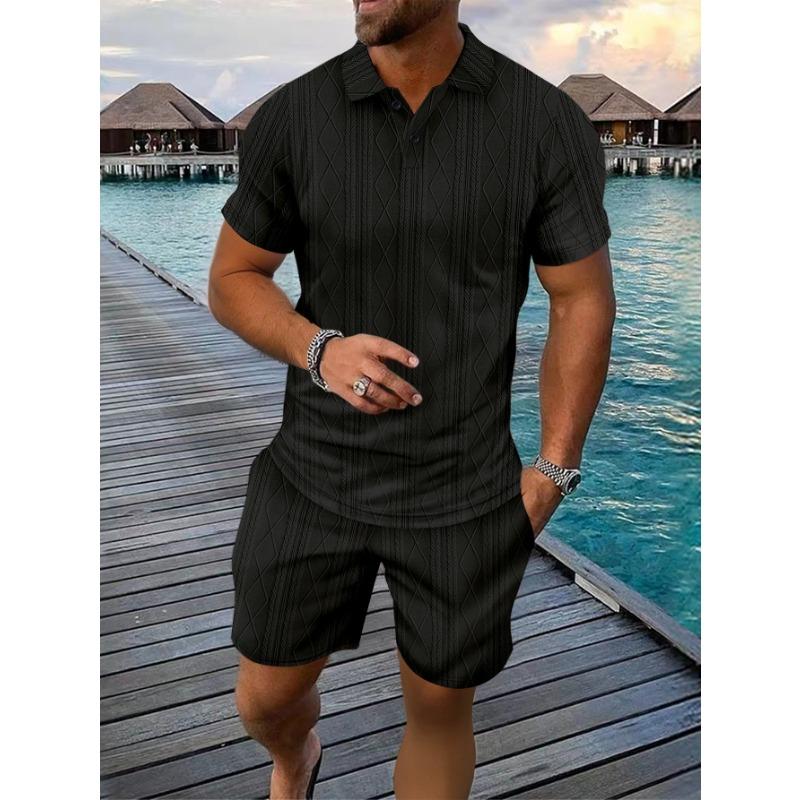 Men Casual Summer Turn Down Collar Short Sleeve Jacquard Polo Shirt And Shorts Set