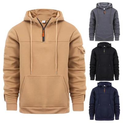 Men Fall Winter Hoodie Solid Color Drawstring Long Sleeves Big Pocket Hooded Retro