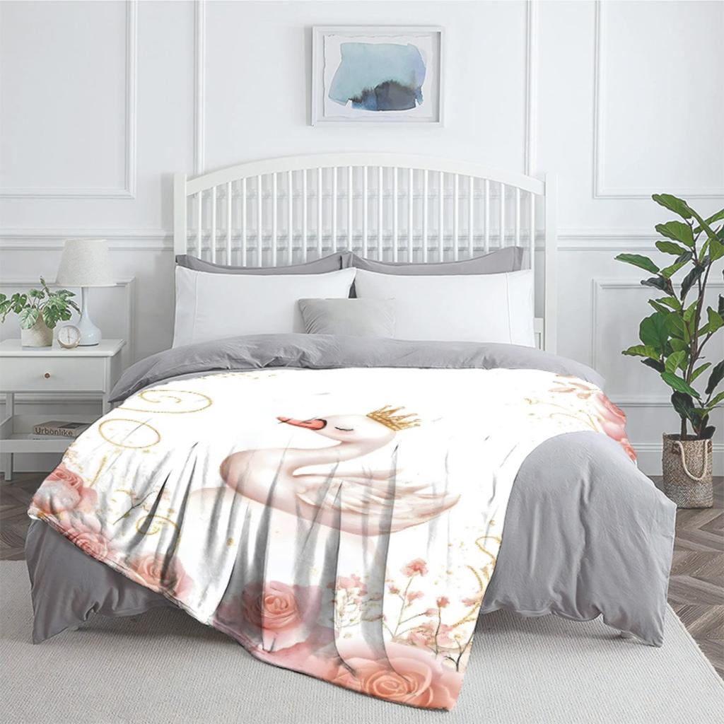 Swan with Crown Roses Fleece Blanket Elegant Royal Design Soft Flannel Throw Cover Wedding Gift for Women Princess Theme Decorl