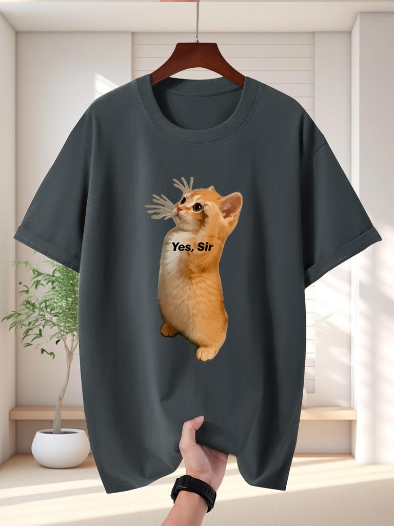Unisex T Shirt Saluting Orange Cat Graphic Tee Funny Pet Print Short Sleeve O Neck Loose Casual Tops Summer Streetwear