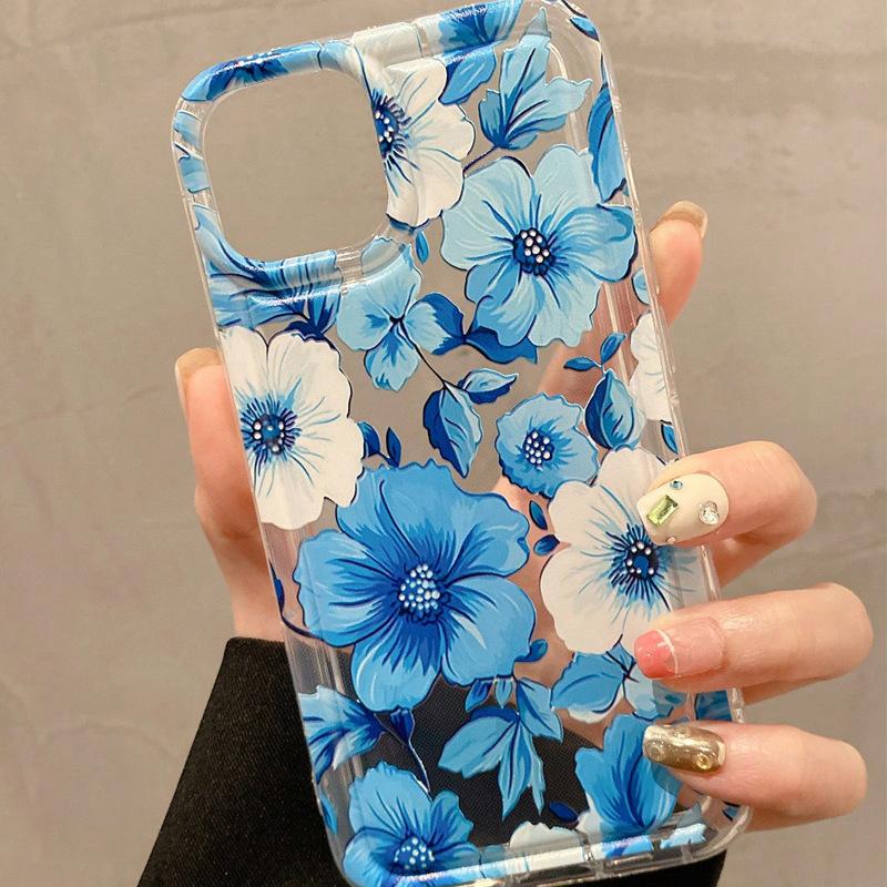 Retro Blue Pink Flower Applies To Apple 16promax Mobile Phone Case 15plus Transparent 14 Space Case 13 Airbag 12