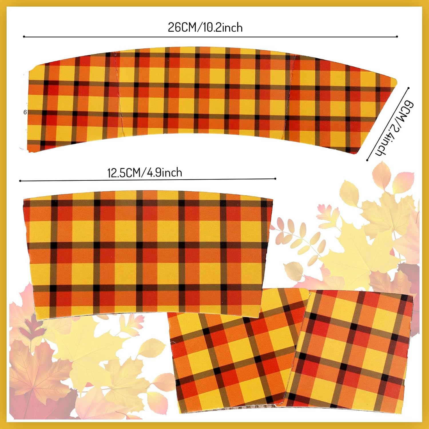 Whaline 60 Pack Fall Plaid Coffee Cup Sleeves Thanksgiving Disposable Plaid Kraft Cup Sleeves for 12 and 16Oz Corrugated Cup Jacket Holder for Autumn