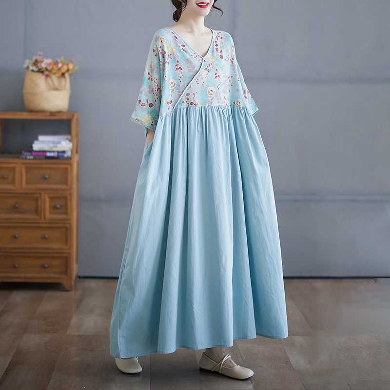 Cotton and Linen Summer Patchwork Retro Style Dress Long Skirt