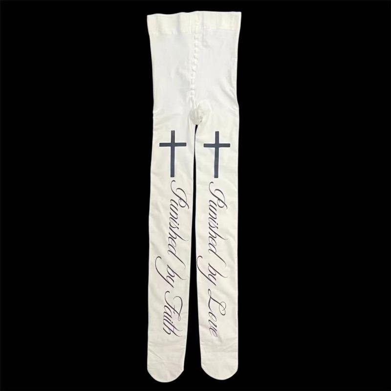 Cute Long Stockings Chic Streetwear Y2K Style Retro Harajuku White Punk Skull Print Long Women's Socks Girl