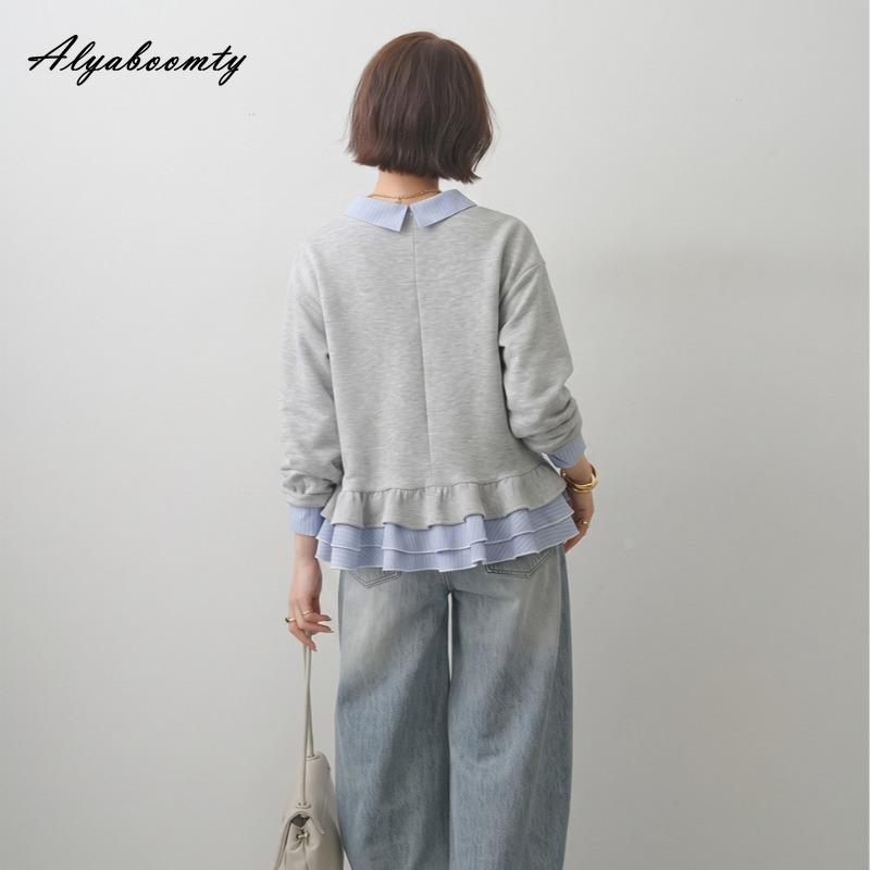Korean Fashion Autumn Winter Women Casual Pullover Turn-Down Collar Patchwork Contrast Color Striped Sweatshirt Layered Ruffles Ladies' Hoodies