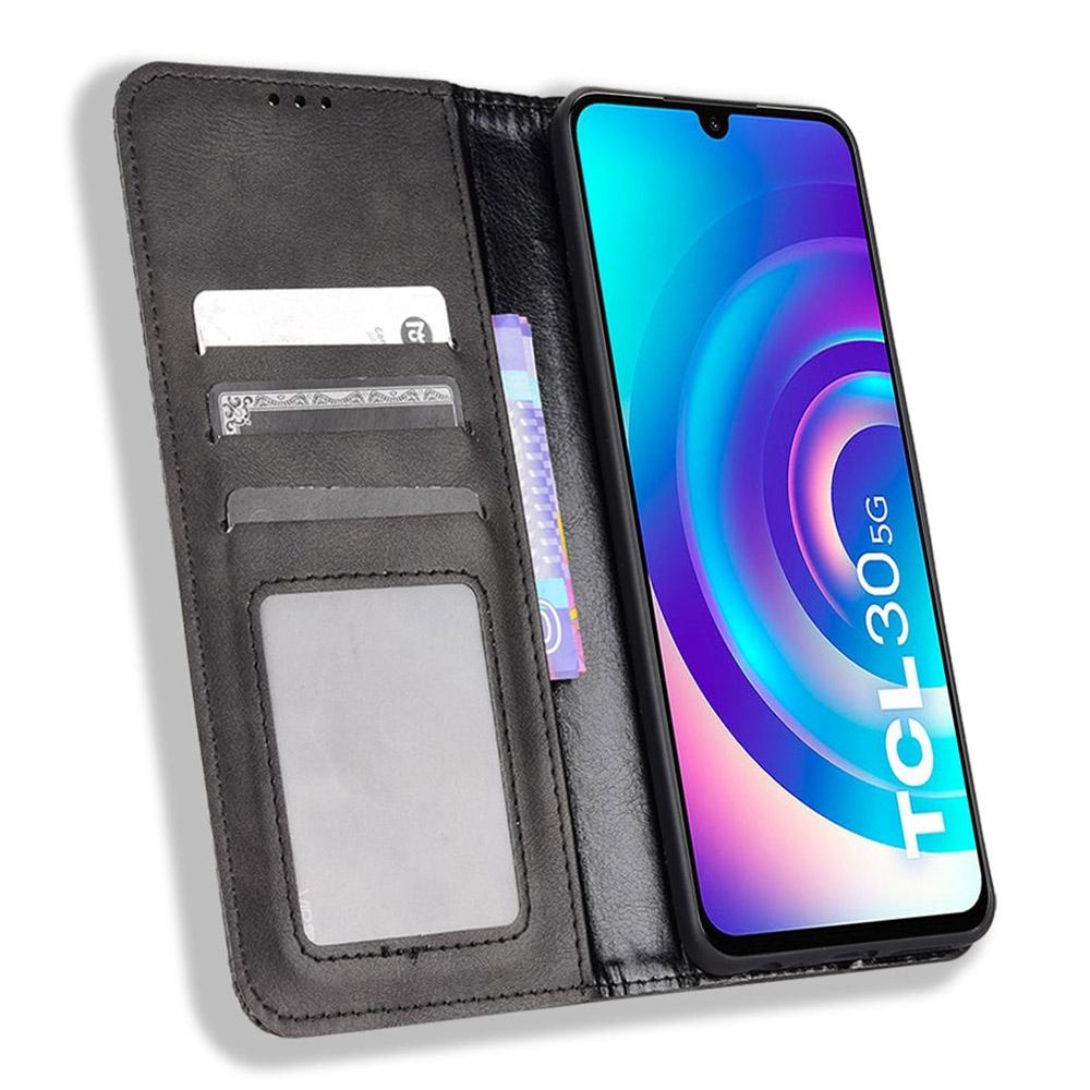 

For TCL 30/TCL 30 5G/TCL 30+ Retro Texture PU Leather Wallet Foldable Stand Cover Mosaic Imprinted Auto Closing Magnetic Phone Case Blue