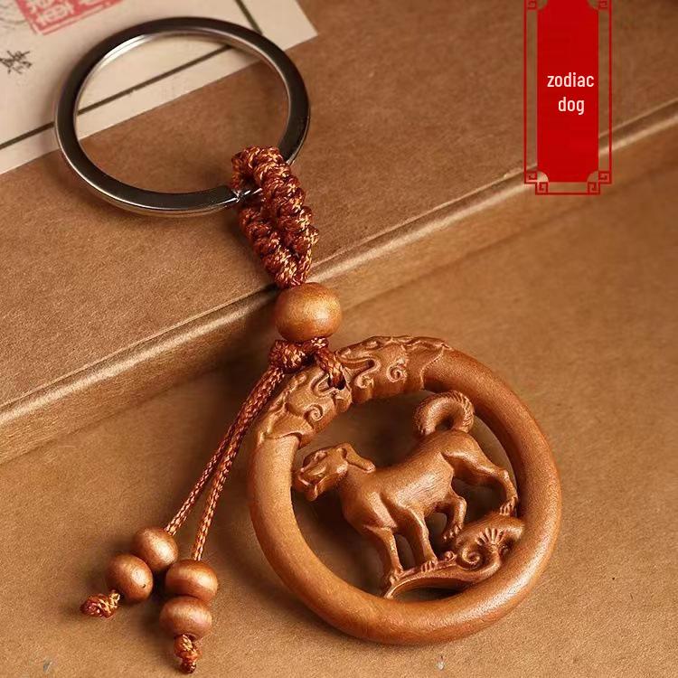Peach Wood Zodiac Keychains: Year of the Dragon Pendant with Rat, Ox, Tiger Carvings - Carry-on Ornament Gift