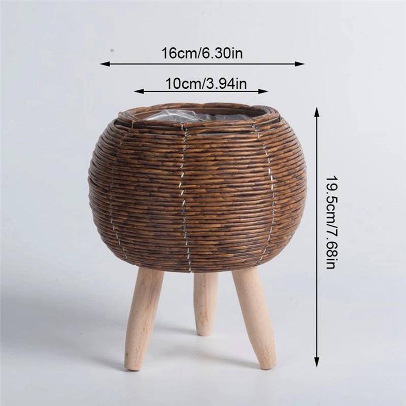 AD23-Vintage Imitation Rattan Woven Flower Shelf Planters Handmade Storage Basket With Wooden Legs Plant Pot Stand Holder Durabl