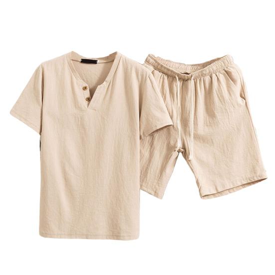 2 Pcs/Set Men T-shirt Shorts Set Solid Color Elastic Waist Loose V Neck Drawstring Homewear Deep Crotch Plus Size Casual Summer