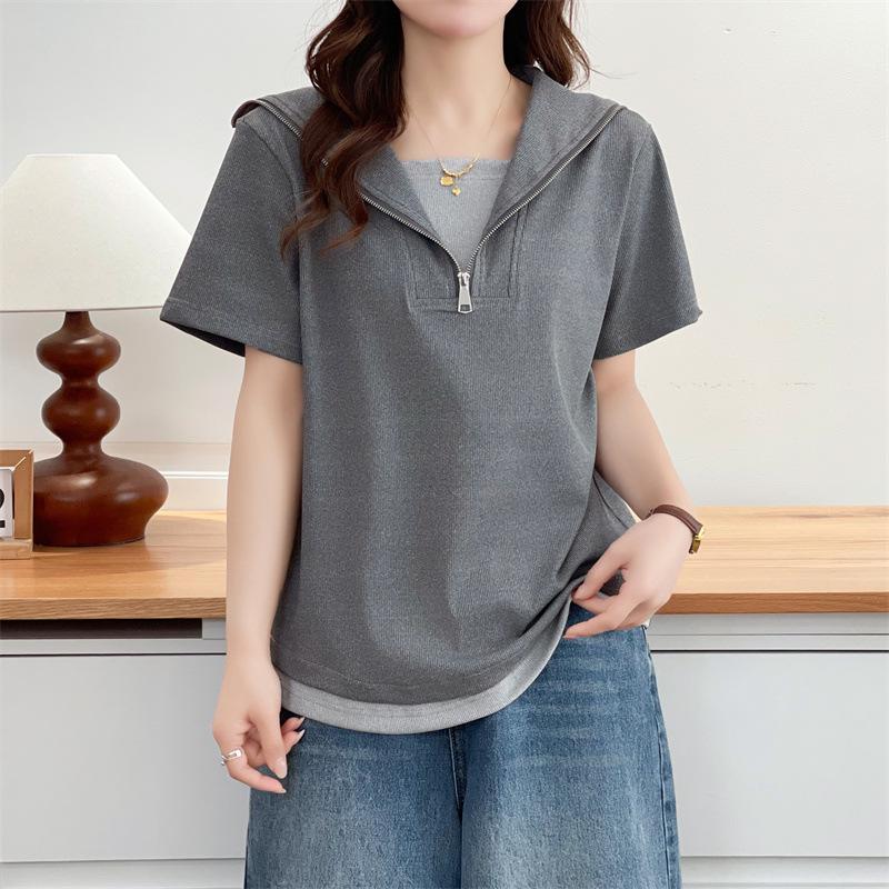 2026 Summer Plus Size Women s Shawl Collar Color Block Short Sleeve Slimming Two-Piece Look T-shirt 3XL