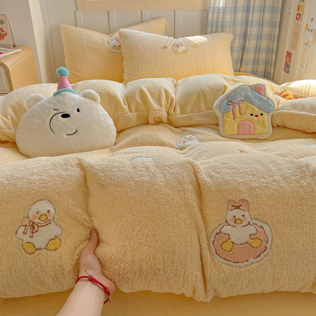 Verdicktes Milchfleece Bett Vier-Teile-Set Kinderbettwäsche Koralle Teddyfleece Studentenwohnheim Bettbezug Bettlaken Drei-Teile-Set
