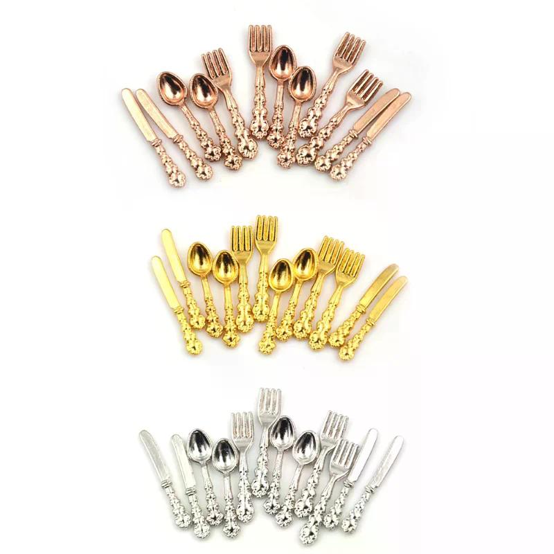 12Pcs/set Vintage 1:12 Dollhouse Miniatures Tableware Mini Cutlery Knife Fork Spoon Childrens Toy For Doll House Decor