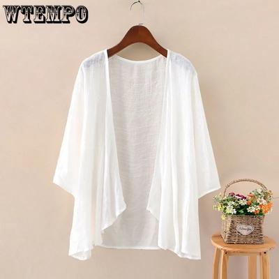 Effen Katoen Hennep Cardigans Dames Zomer Casual Lange Mouw Blouses Vrouwelijke Dunne Tuniek Tops Kimono Cape