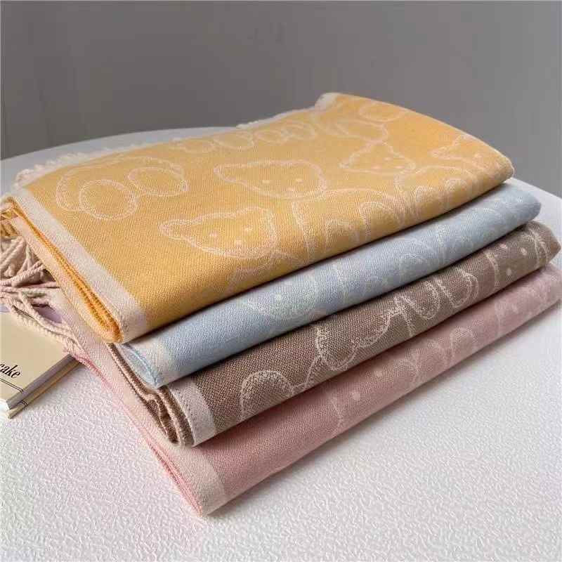 Women's Cute Bear Printed Faux Cashmere Scarf with Tassel Korean Style Versatile Warm Shawl for Winter