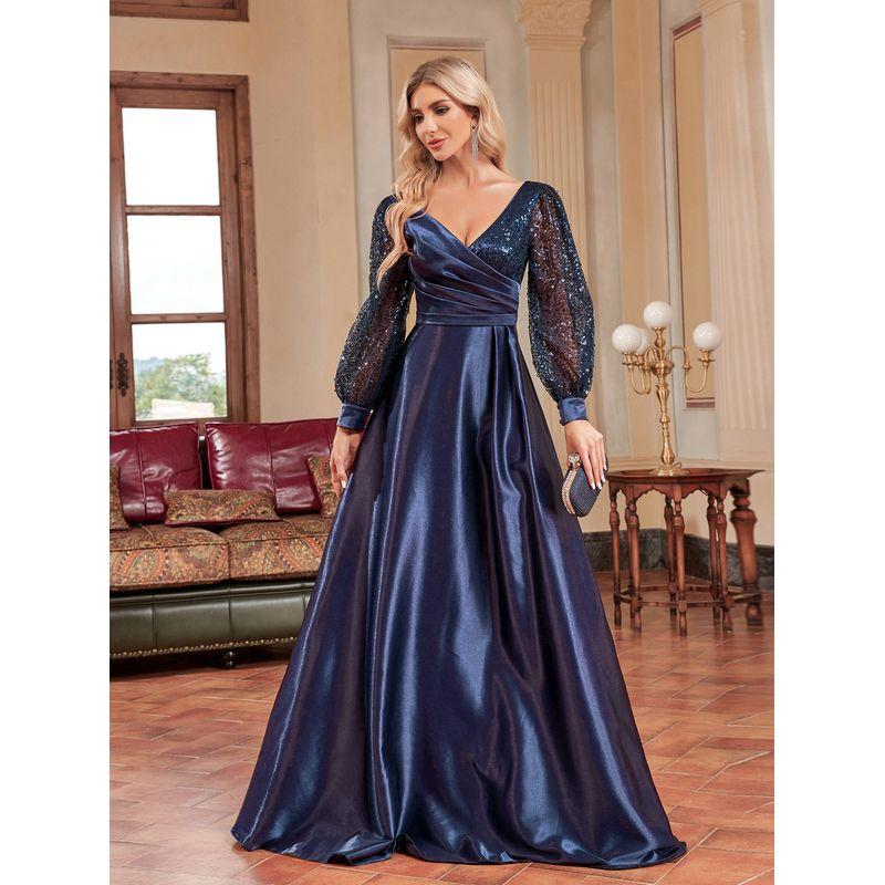 Plus-Size Gown, New European and American Style, Satin V-Neck Long-Sleeve Dress, Slim-Fit Long Dress, Mermaid Sequin Evening Gown Dark Blue S