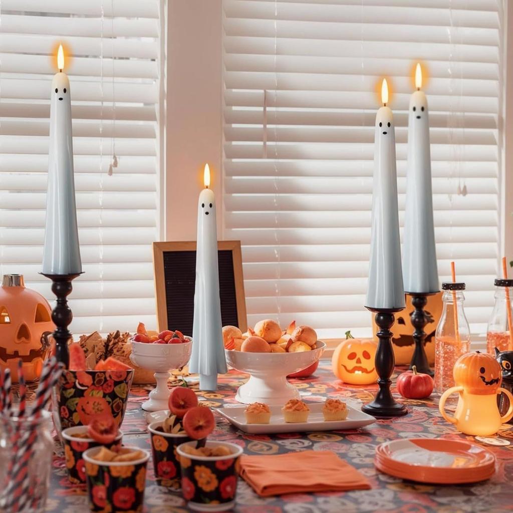 2pcs Flameless Flickering LED Candles Light Ghost Face Taper Candles with Remote Control and Timer Halloween Holiday Decorations