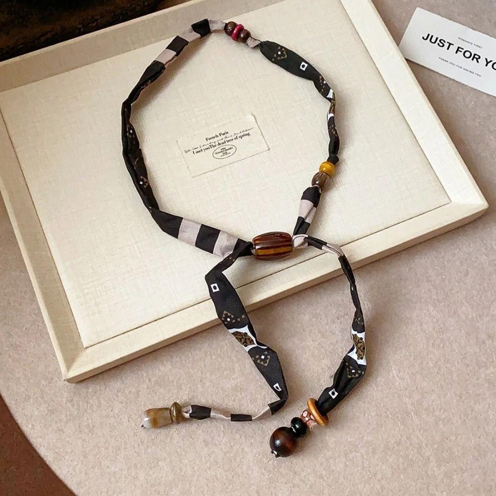 Strip Cloth Chain Necklace Multicolor Bohemian Choker Retro Wood Bead Necklace  Gift