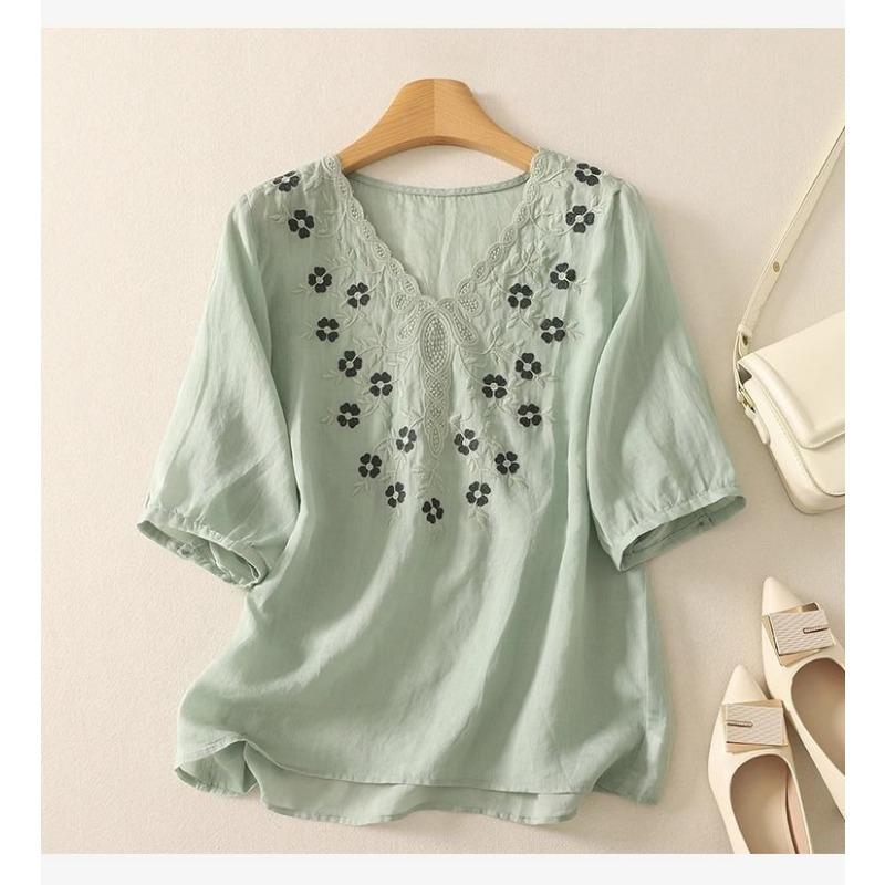 Women Summer V Neck Half Sleeve Floral Embroidery Casual Loose Blouse