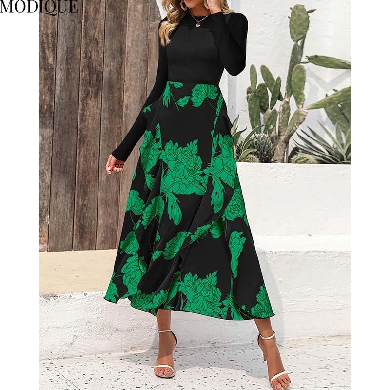 MODIQUE 2025 Spring New Women's Casual Vintage Floral Printing Patchwork Long Dress Ladies A-Line Long Sleeve O-Neck Dress