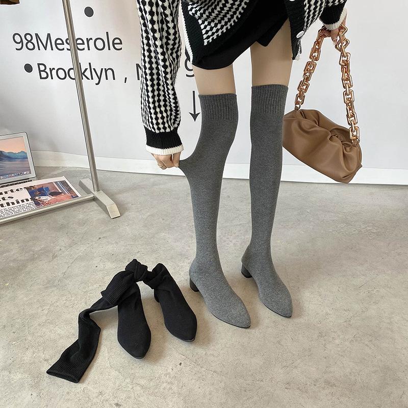 French Internet Celebrity Pointed High Heel Thin Boots Women 2025 New Autumn and Winter Elastic Tube Thick Heel Knee Socks Boots Boots