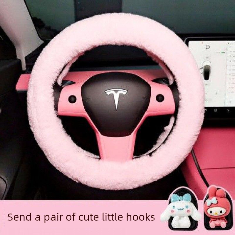 

High-End Car Steering Wheel Cover, Winter Plush Cute Cartoon Design, Anti-Slip, Warm, Heated Handlebar Cover for Girls in Winter Plush Steering Wheel Cover-Pink