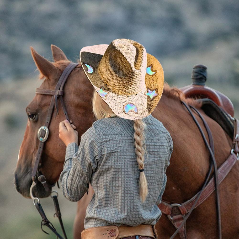 Straw Western Cowboy Hat for Women Girls Shapeable Cowgirl Hat Vintage Summer Woven Sun Hat for Music Festival Party Beach