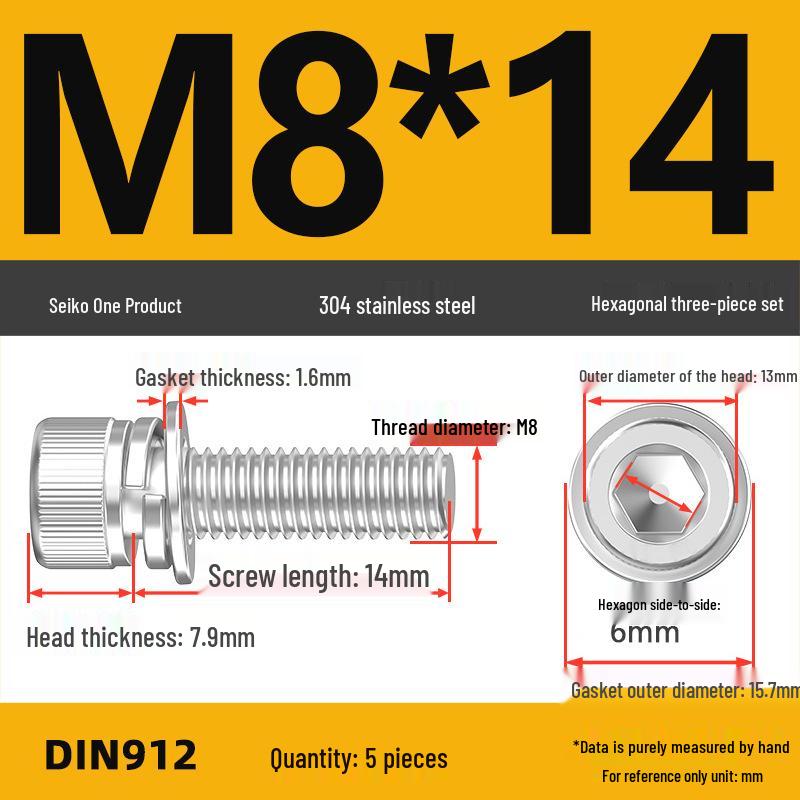 304 Stainless Steel Hex Socket Cap Screw with Washer - Sizes M3, M4, M5, M6, M8, M12