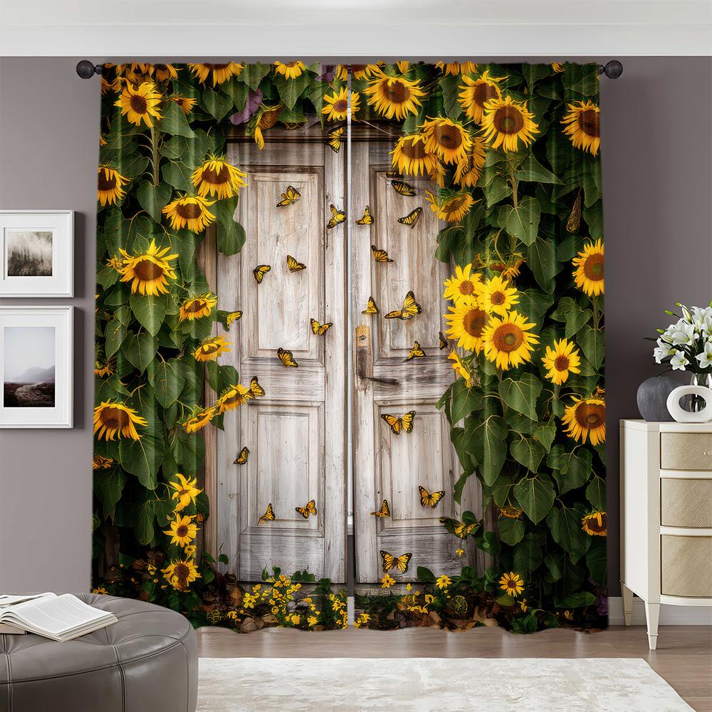 2pcs   spring summer Curtains Sunflower Barn Door Semi-Sheer Curtains Durable 100% Polyester Fabric Versatile All for Grey