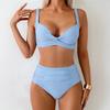 2Pcs/Set Women Bikini Set Knotted Design Chest Pad No Steel Support Bra High Waist Swimming Briefs Set Beach Pool Vacation Sexy Swimsuit