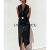 Summer New Product Women's Clothes Round Neck Sleeveless Fake Button Decoration with Belt Crepe Midi Skirt Dress 3897166