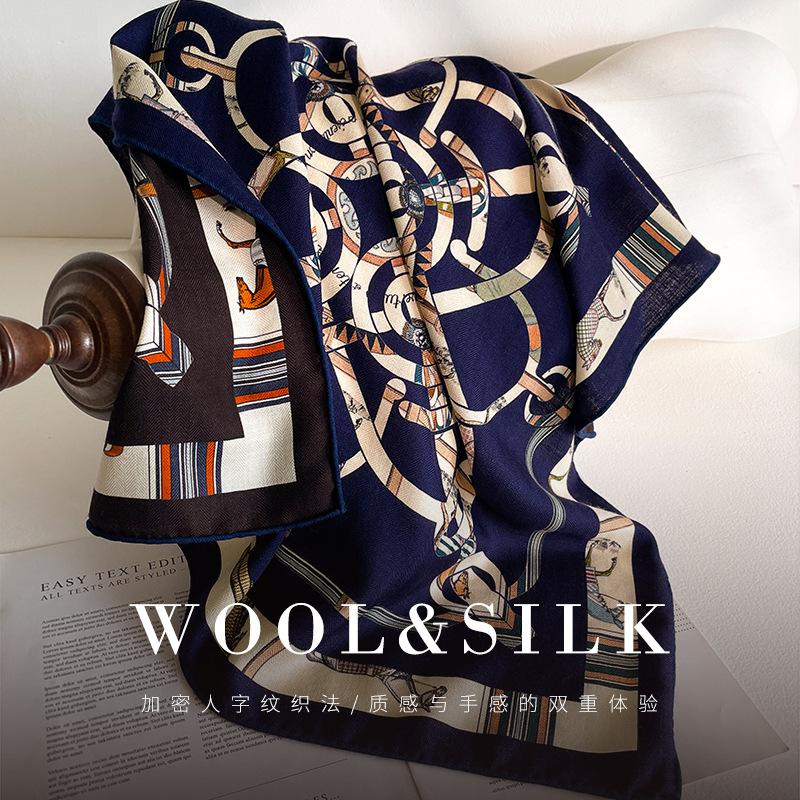 Design Sense Fashion Silk Wool Silk Scarf 2025 New Autumn and Winter Silk Wool Square Scarf Retro Double-sided 70 Silk Wool Scarf