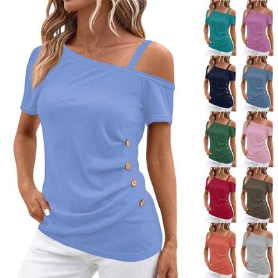 Women's Off Shoulder Tops Pleated Asymmetrical Neck Short Sleeve Solid Color T Shirt Tops