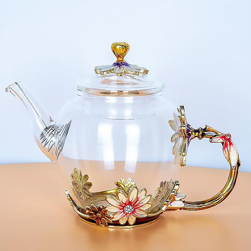 Hand-Painted Light Luxury Teapot & Glass Cup Set – Enamel Transparent Borosilicate Glass