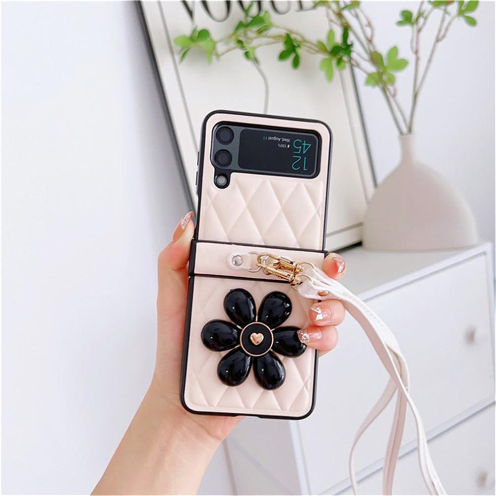 Flower Plaid Crossbody Long Chain Leather Case For Samsung Galaxy Z Flip 4 5 Case For Galaxy Z Flip 3 Cover 5G Flip