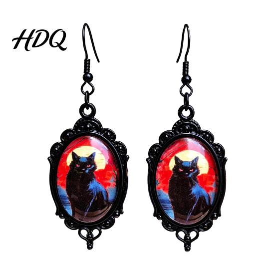 Vintage Theme Gift for Halloween Party 1 Pair Gothic Black Cat Earrings Women Exquisite Craftsmanship Favors Dark Punk Style Dangle Drop Earrings,