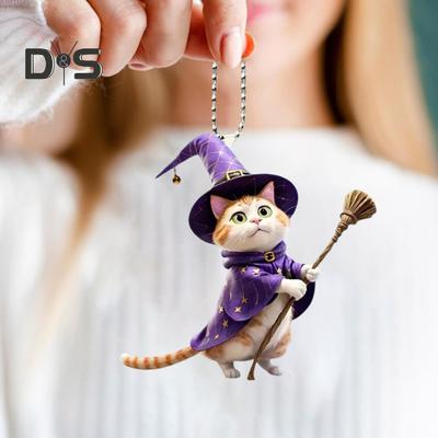 Zaubererhut Katze Hängende Dekoration Zuhause Innen Weihnachtsbaum Auto Rückspiegel 2D Flacher Acrylbesen Kätzchen Hängendes Ornament Tieranhänger