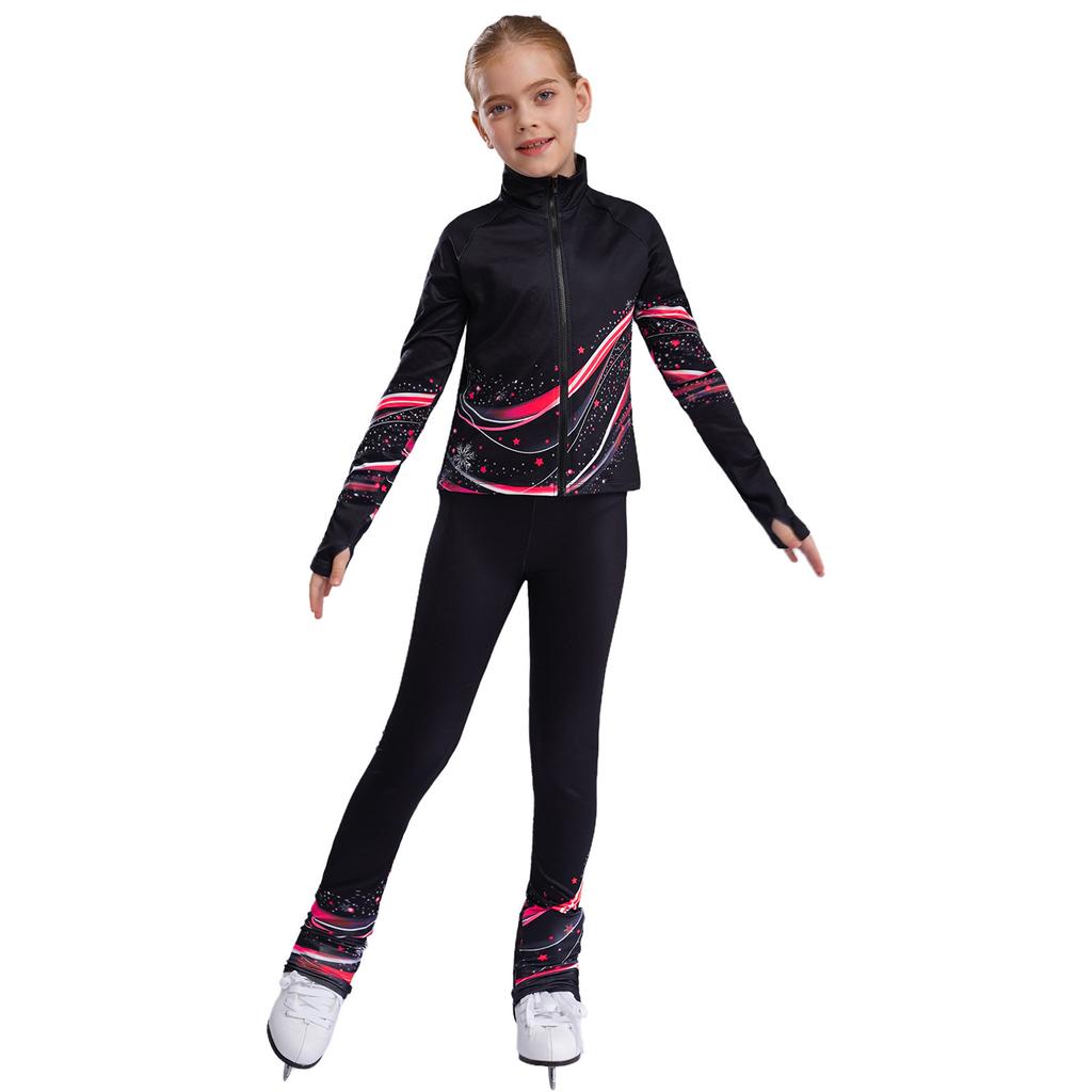 Girls Figure Skating Costume Stand Collar Long Sleeve Printed Jacket with Leggings for Dance