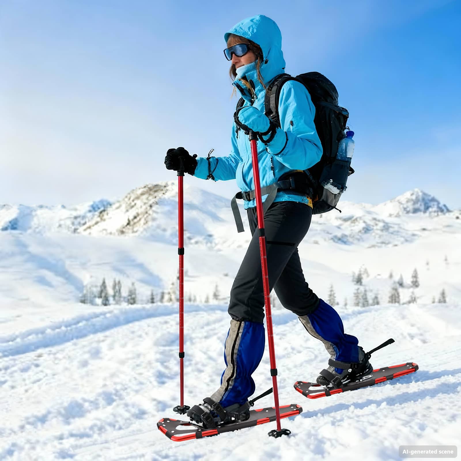 3-in-1 Schneeschuhe mit Trekkingstöcken Rot und Schwarz