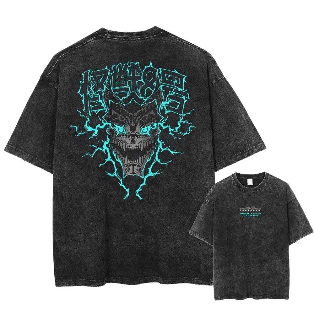 Herren Sommer Streetwear Gewaschenes T-Shirt Japanisches Anime Grafikdruck T-Shirt Kaiju No 8 Unisex Harajuku Baumwoll Oberteil Schwarz XXXL