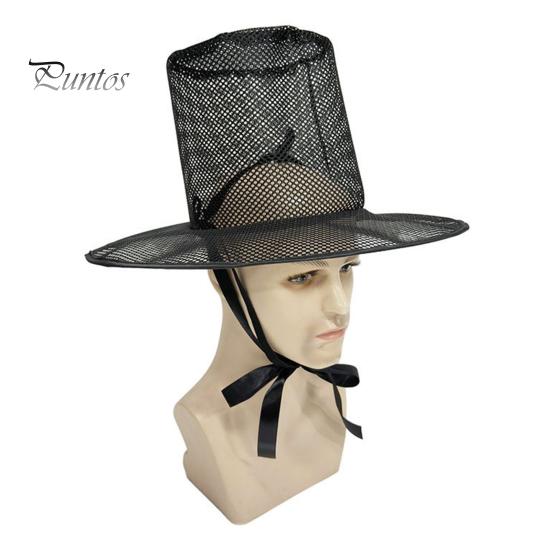 Breathable Costume Hat Vintage Korean Gat Hat, Black Mesh Wide Brim Joseon Dynasty Crisp Fabric Scholar with Neck Strap, Halloween Cosplay Accessory