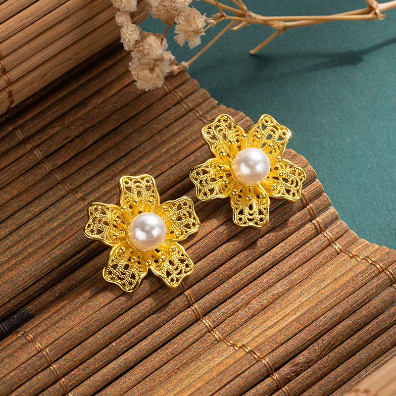 JMXD-Chinese Style Flower Silk Inlaid with Antique Earrings Imitation Pearl Stud Earrings Ancient Method Hanfu Jewelry Silk Filigree