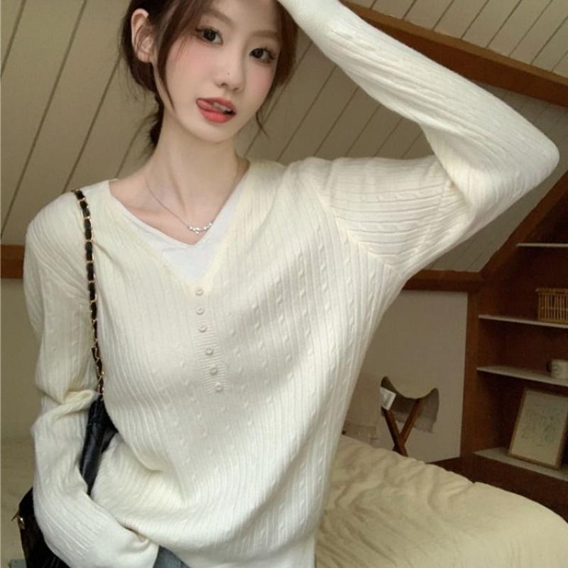 

Свитер с длинным рукавом в корейском стиле, вязаный свитер и облегающий базовый топ для женщин one size абрикосовый