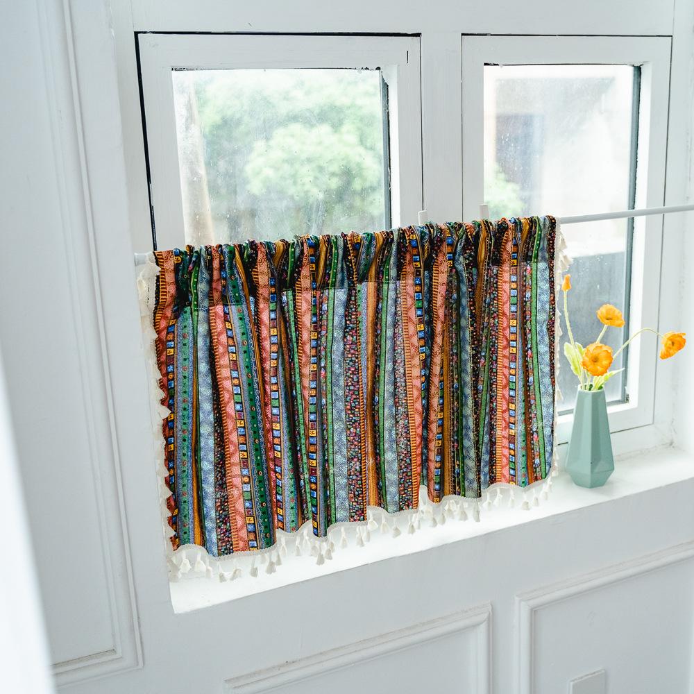 American Cotton And Linen Printed Curtains Finished Non-Punching Rural Kitchen Hanging Curtains Colored Fringed Coffee Short Curtains