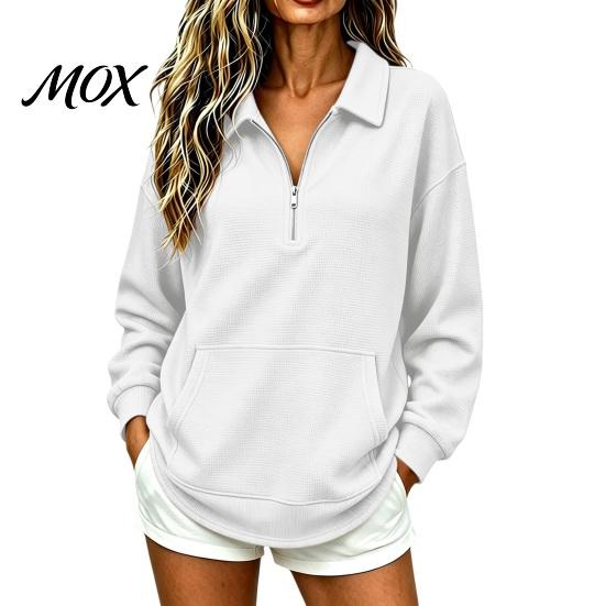 Women Waffle Sweatshirt Half-zip Sweatshirt, Long Sleeve Pullover Top with Kangaroo Skin Friendly Pocket, Loose Fit Casual Lapel for Fall Winter