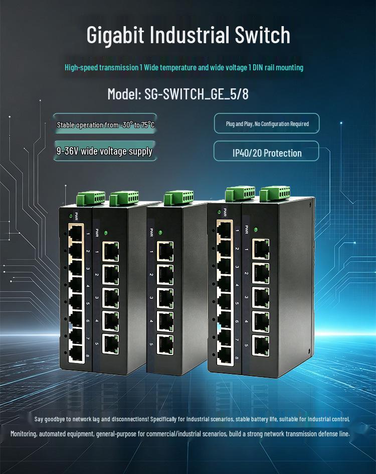Industrial Gigabit Switch with 2K/4K Address Table: 5-Port/8-Port Plug & Play Network Splitter Hub