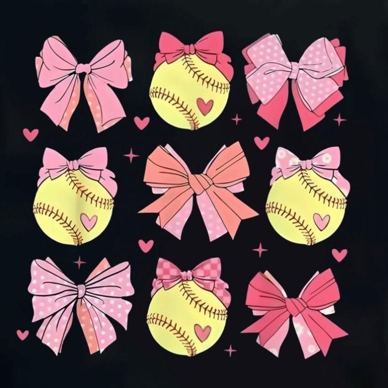 Girls Bow Baseball Heart Cartoon Print Crewneck Short Sleeve Tee, Stretchy Comfort Summer Outdoor Sports Top for Big Kids