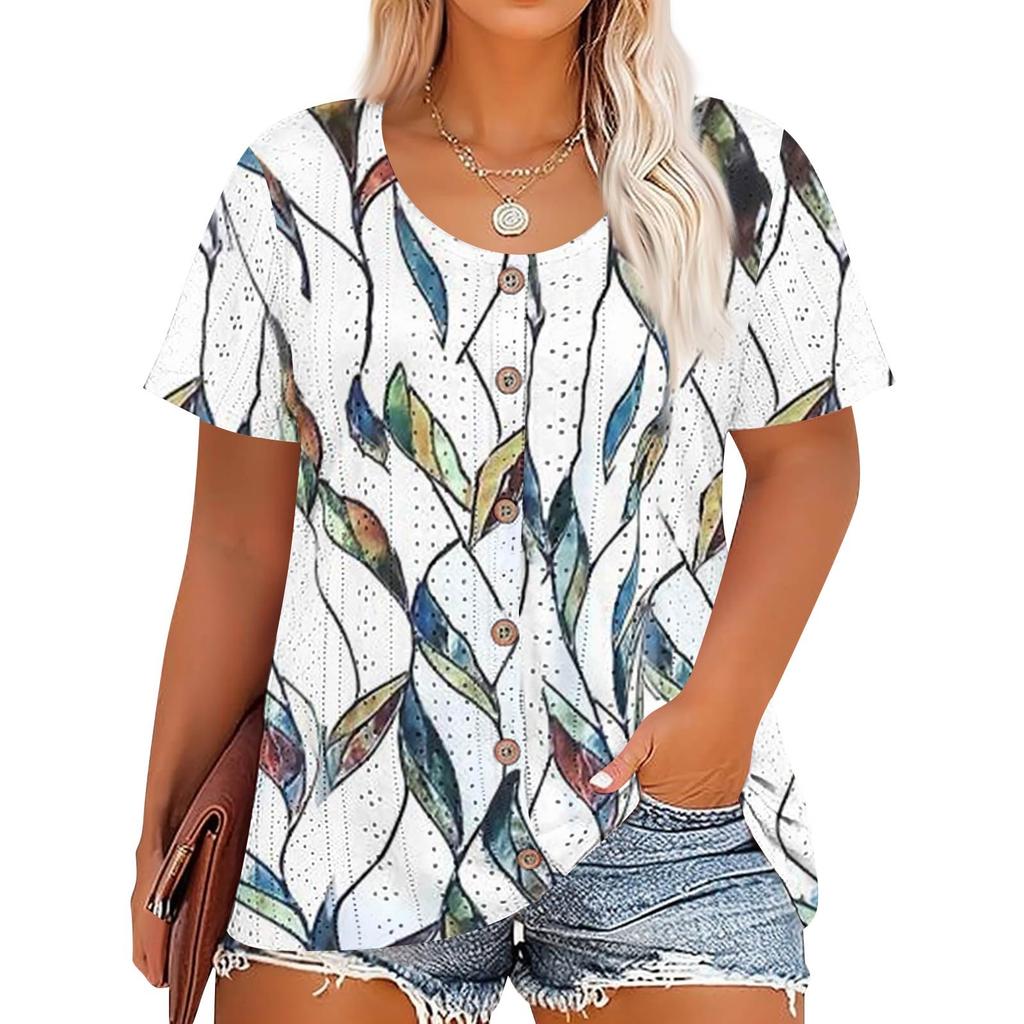 Plus Size Women's Fashion Casual Vintage Printed O-Neck Short Sleeve Button T-Shirt Top