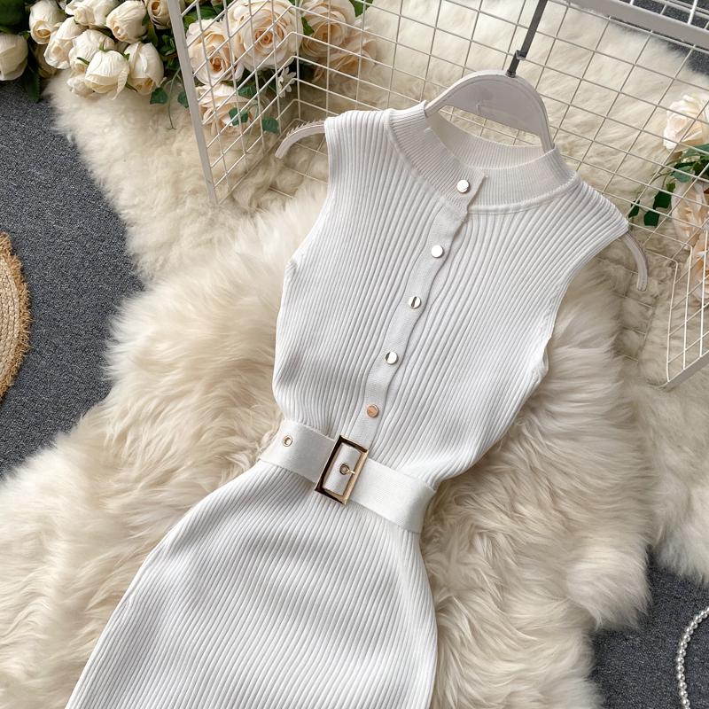 RUGOD European and American Dress Women's New Breasted Lace-up Waist and Hips Elastic Knitted Sleeveless Sexy Hip Dress