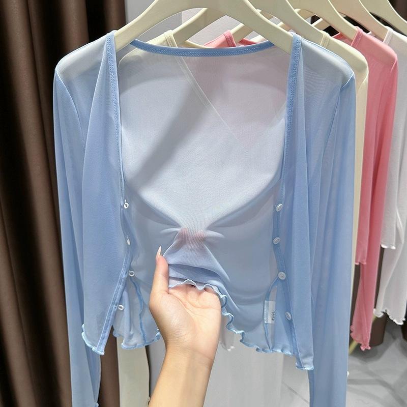 Ice Silk Cool Tulle Sunscreen Cardigan Women's Shawl Summer with Skirt Suspenders Outer Blouse Transparent Mesh Top